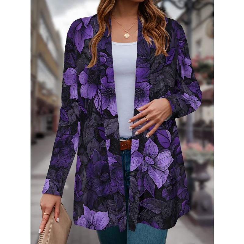2025 Fashion Women's Flower Printed Long Sleeve Cardigan, Polyester Open Front, Lightweight Cover Up, Spring Autumn Casual Coats