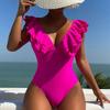 Cikini-Ruffle Trim One Piece Swimsuit for Women, Monochromatic, Beach Swimwear, Bathing Suit, Summer, New, 2022