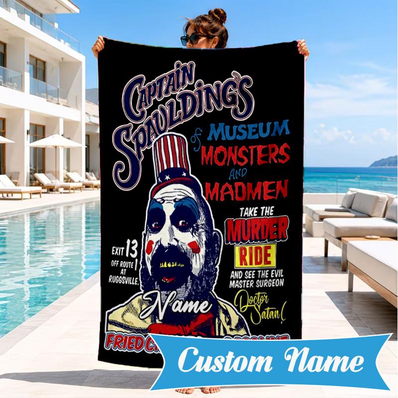 Custom Name Horror Clown Artwork Heart In Space Adventure Microfiber Beach Towel, Lightweight for Summer Travel, Swimming Pool Fan Gift