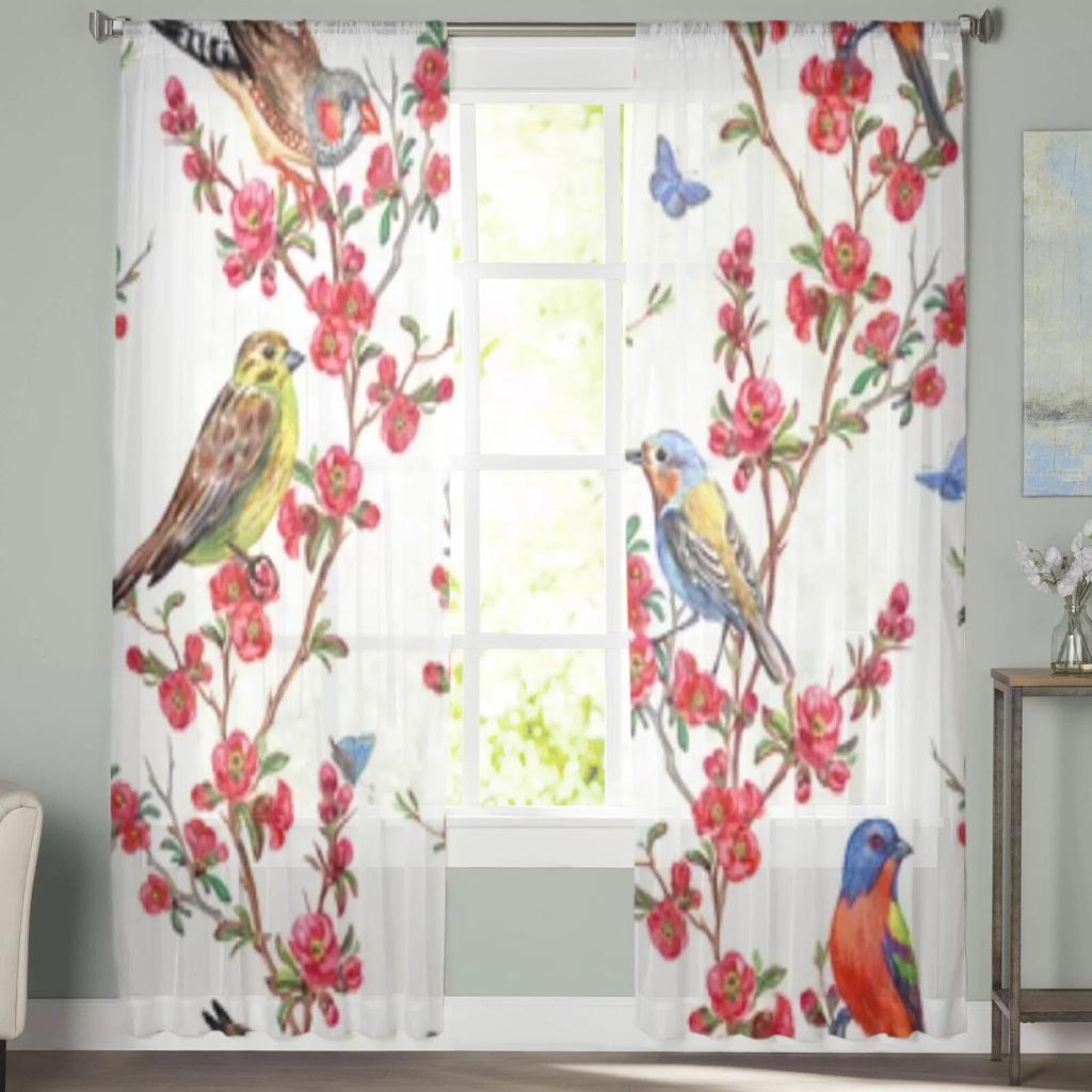 Birds And Blossoms Flower Sheer Window Curtains For Living Room Bedroom Modern Voile Tulle Curtains Fabric Drapes For Kitchen