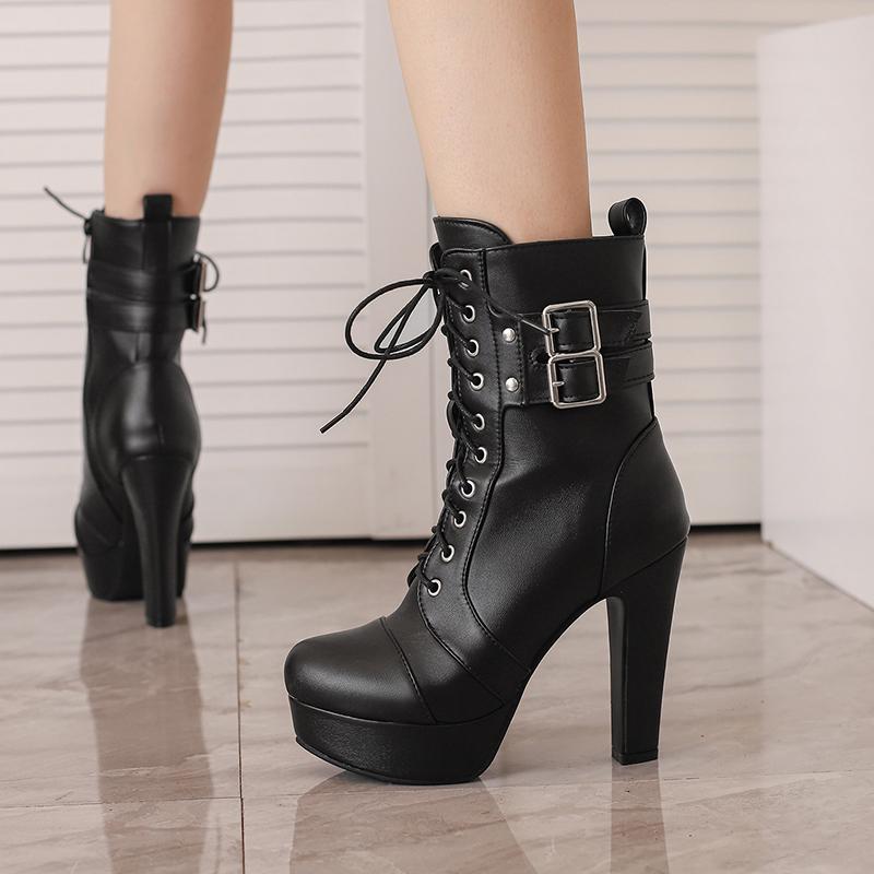 Women's High Heel Short Boots Autumn and Winter New Waterproof Platform Thick Heel Versatile Large Roman Short Boots