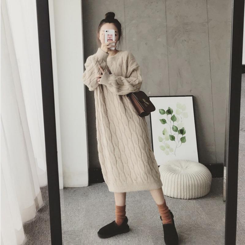 [] Autumn and winter new solid color loose lazy wind sweater skirt round neck long sleeve loose version knitted dress