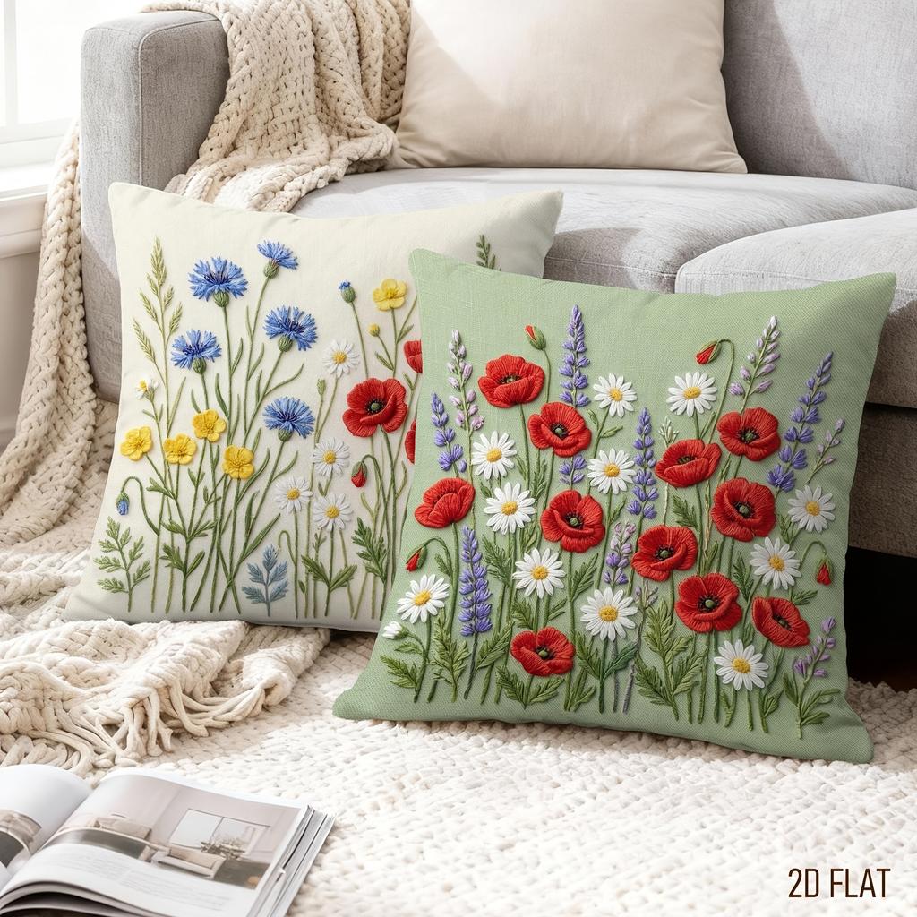 4 Stück Gestickte Wildblumen-Kissenbezüge mit Blumenmuster, Kissenbezug mit Pflanzenaufdruck, Polyester, Heimdekoration, Sofa, Wohnzimmer, Schlafzimmer, 2D Flach