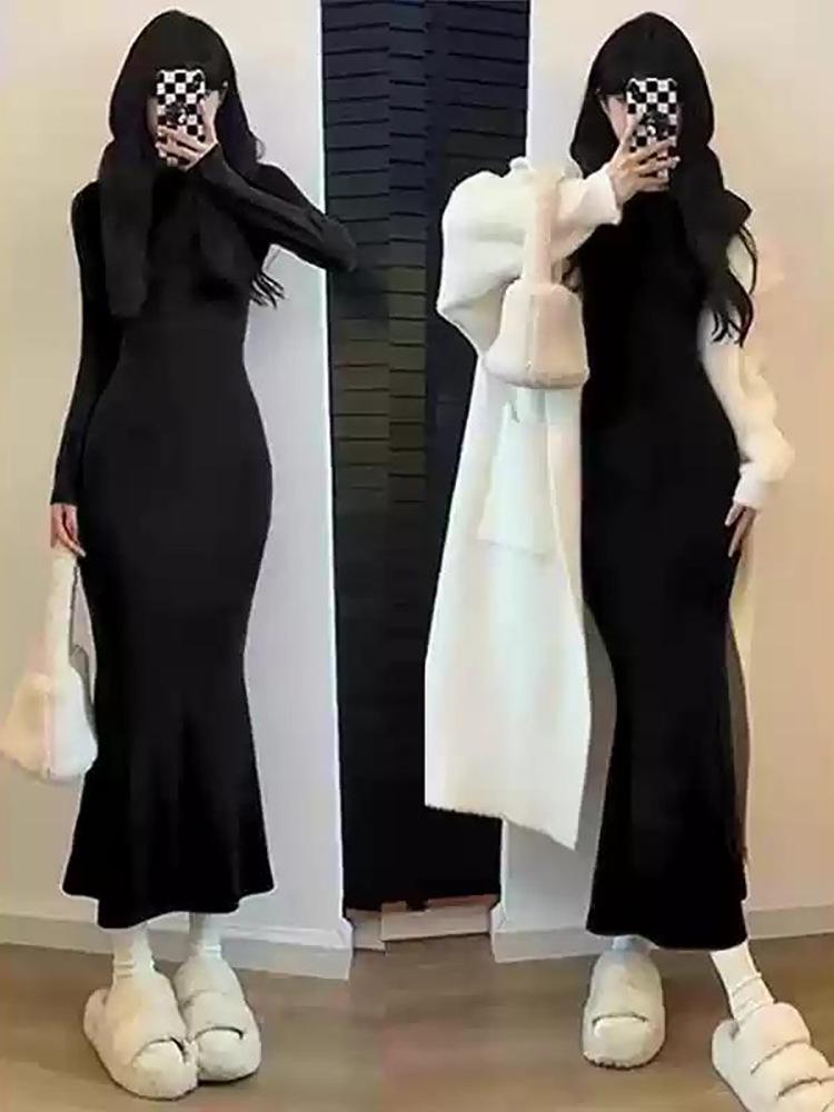 Beflocktes Schwarzes Lotos-Fischschwanzkleid mit Pelzfutter – Damen Herbst/Winter Schlanke Passform, Hoher Kragen, Langes Kleid