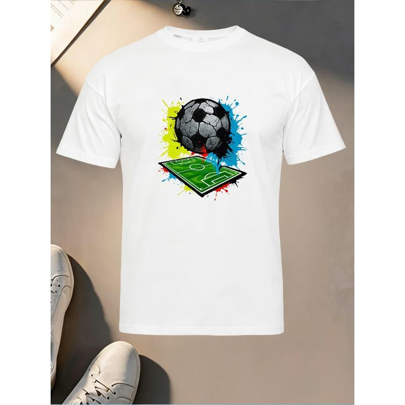 European Size Sports Style Printed T-Shirt, Soccer Ball And Football Field Short Sleeve, Durable Print, Skin-Friendly Lightweight Fabric
