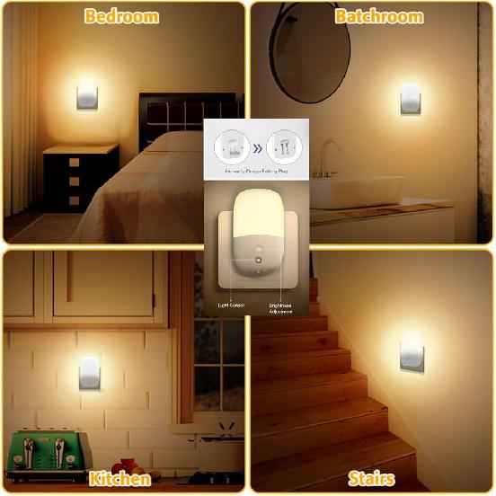 LED Night Lights Plug Into Wall, Dusk To Dawn Light Sensor Activated Dimmable Night Light, LED Nightlights Adjustable Brightness (Warm White) for