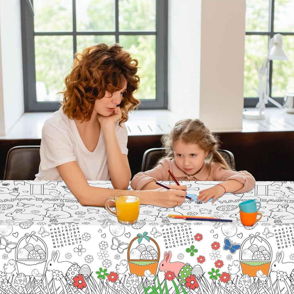 Bunny Easter Childrens Doodle Tablecloth Disposable DIY Paper Table Cover Eco Friendly Party Table Protector Kids Craft Activity