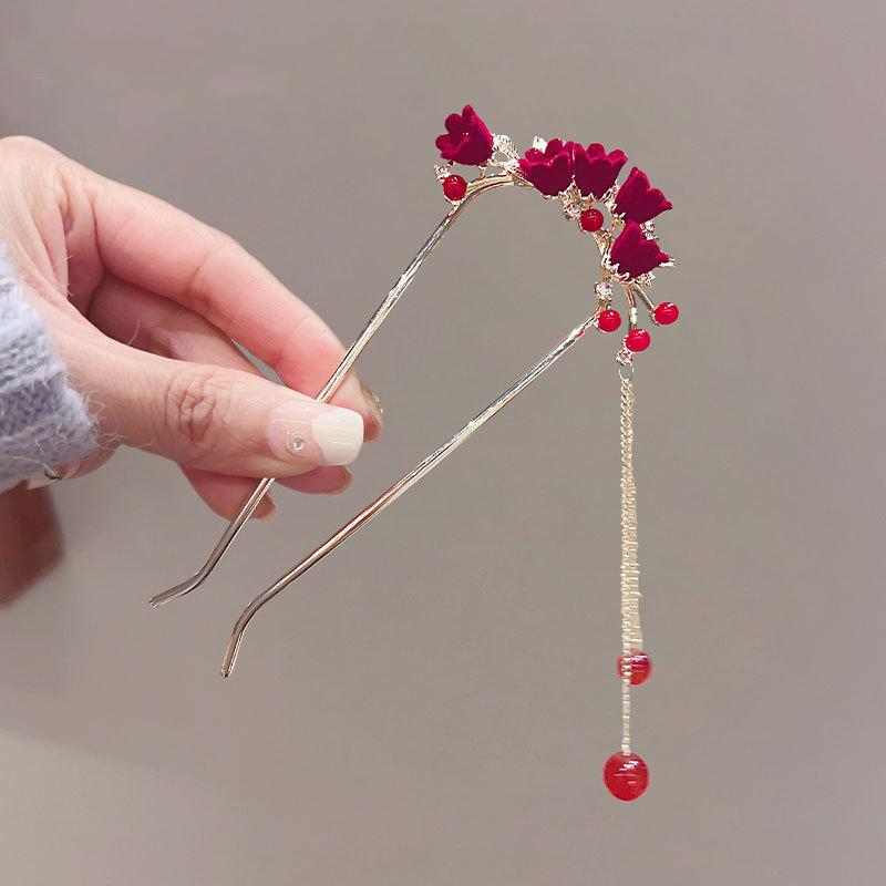 Antique Butterfly Flower Bamboo U-shaped Hairpin Super Fairy Retro Pearl Fringed Hairpin Hanfu Ancient Hairpin Accessories