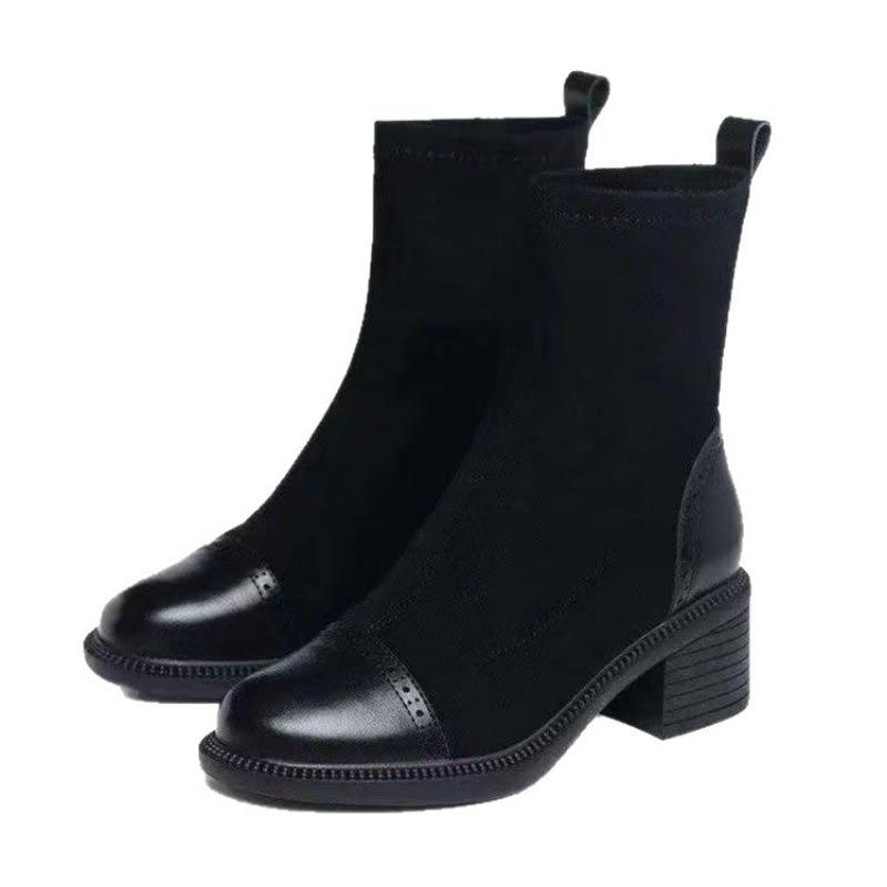 Coarse Heel Round Head Suede Splicing Martin Boots Velvet and Thin Leather Boots for Women's Autumn and Winter New Versatile Fashion Boots for Women