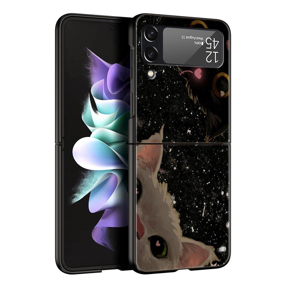 Cute Cat Hard PC Phone Case For Samsung Galaxy Z Flip 7 6 5 4 Black Cover For Galaxy Z Flip 3 Foldable Fundas Shell Capas Bags