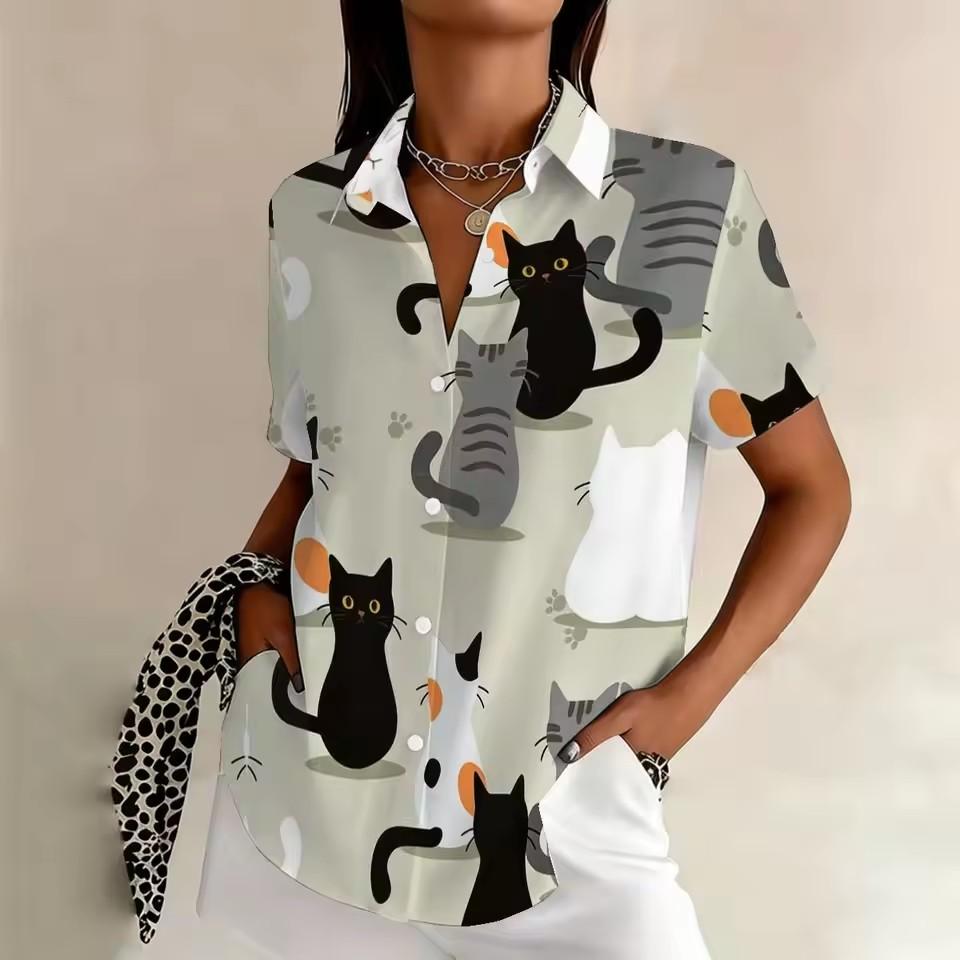 Summer Women's Plus Size Art Collage Cat Short Sleeve Shirt, Cute & Healing, Creative & Eye-Catching, For Parties Casual Wear