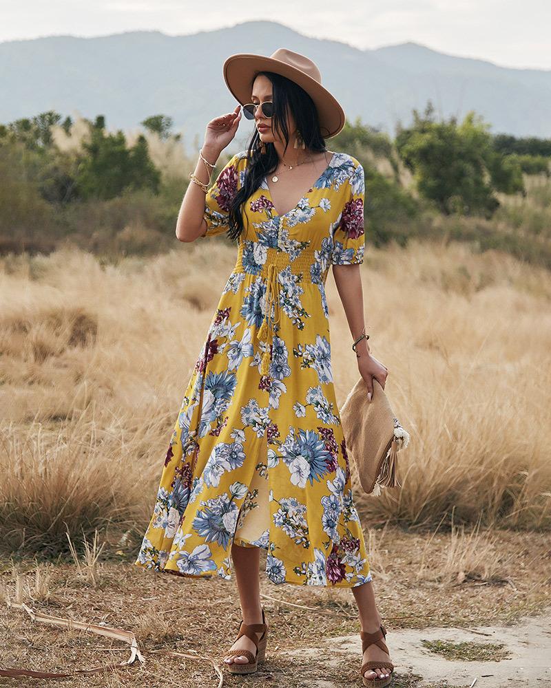 2023 Summer New Sexy Printed Bohemian Dress with Waistline Slimming Women's Clothing