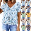 Damen Casual V-Ausschnitt Plissiert Floral Print Kurzarm Top