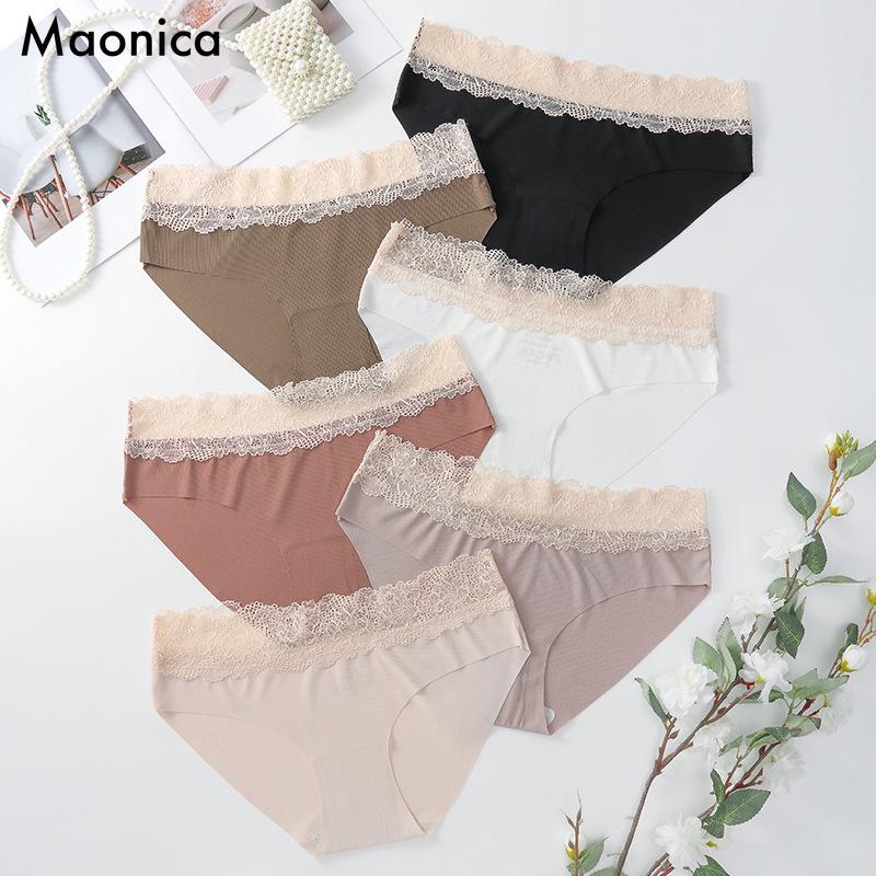 Sexy Ice Silk Underwear for Women Thin Mid-waist Pure Cotton Crotch Seamless Lace Edge Breathable Triangle Panties