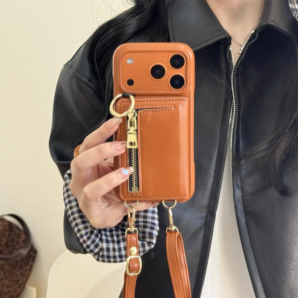 Crossbody Cards Solt Wallet Strap Leather Zipper Phone Case for IPhone Air 17 16 Pro Max 15 Plus 14 13 12 11 Ring Holder Cover