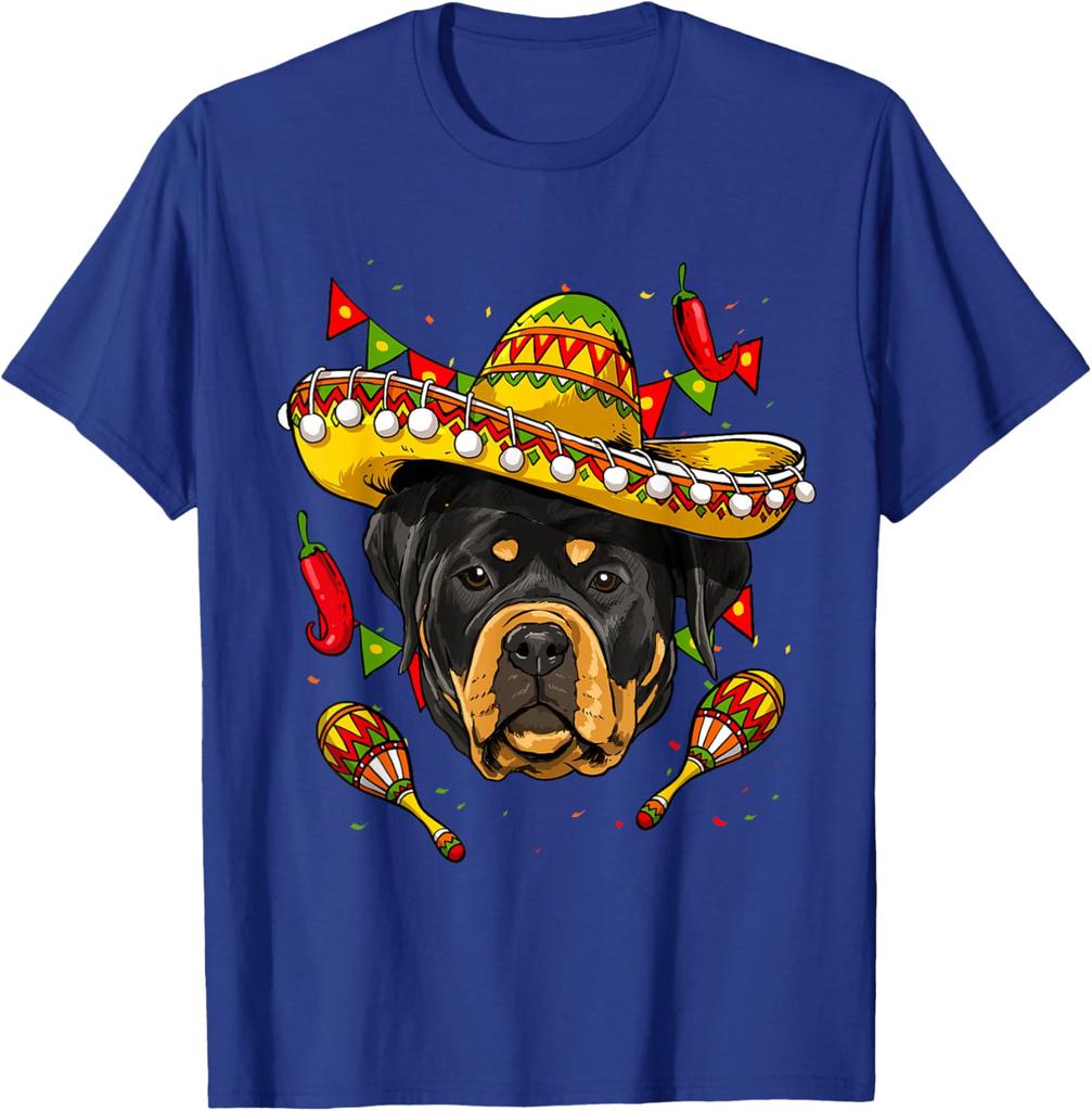 Cinco De Mayo Rottweiler Sombrero Dog Graphic Tee Casual Cotton Short Sleeve T-Shirt for Men Women