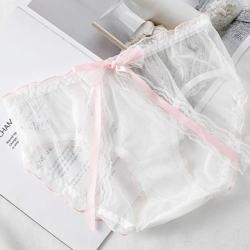 Mesh Transparent Sexy Lace Bow Thin Breathable Women's Underwear High Elasticity Japanese Style Lovely Sweety Panties