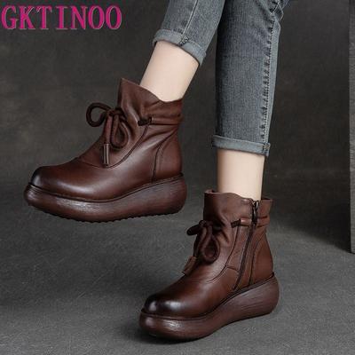Mode GKTINOO Schuhe Damen Stiefel 2025 Neu Winter Echtes Leder Handgefertigt Runde Zehe Reißverschluss Nähen Keilschuhe Stiefeletten Plateau-Stiefel