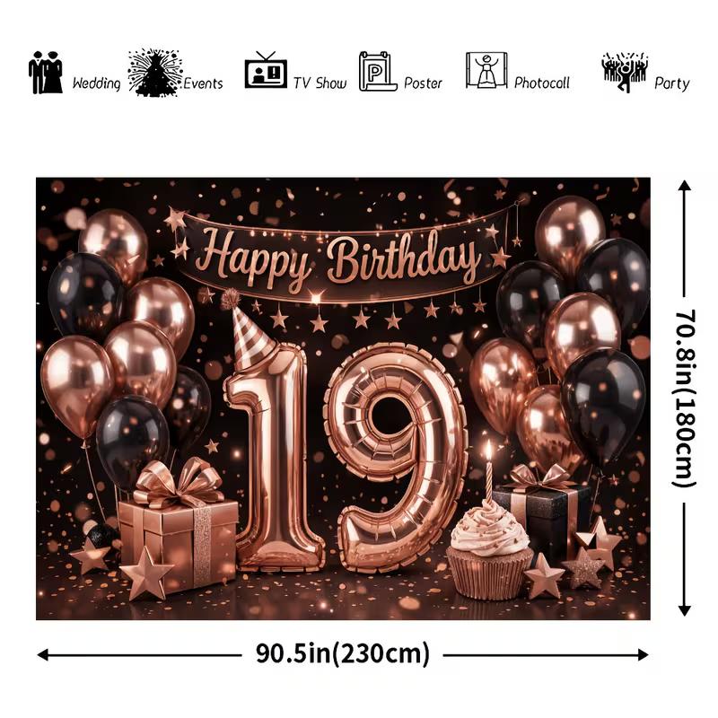 2D Black Rose Gold 19th Birthday Backdrop Shiny Glitter Number 19 Photography Banner