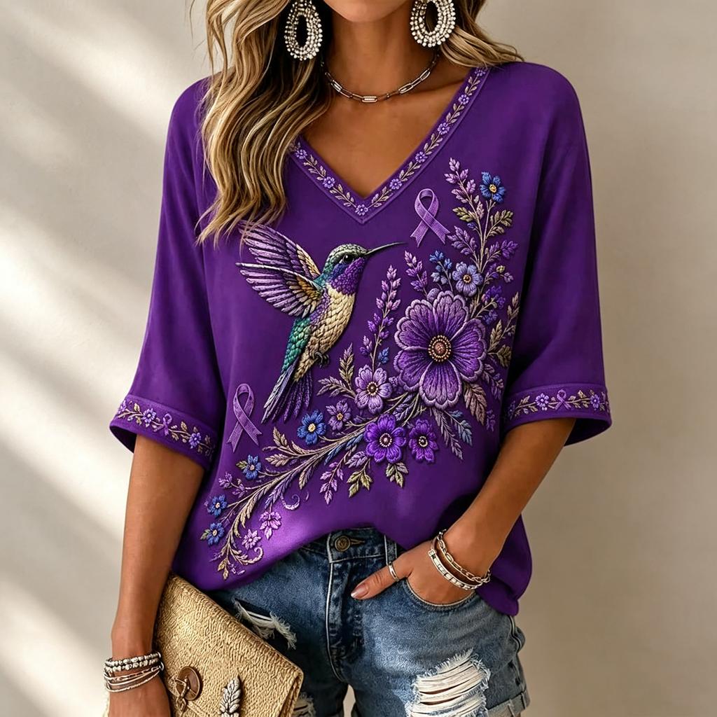 Women's 3D Print V-Neck Loose Fit Three-Quarter Sleeve T-Shirt Casual Top