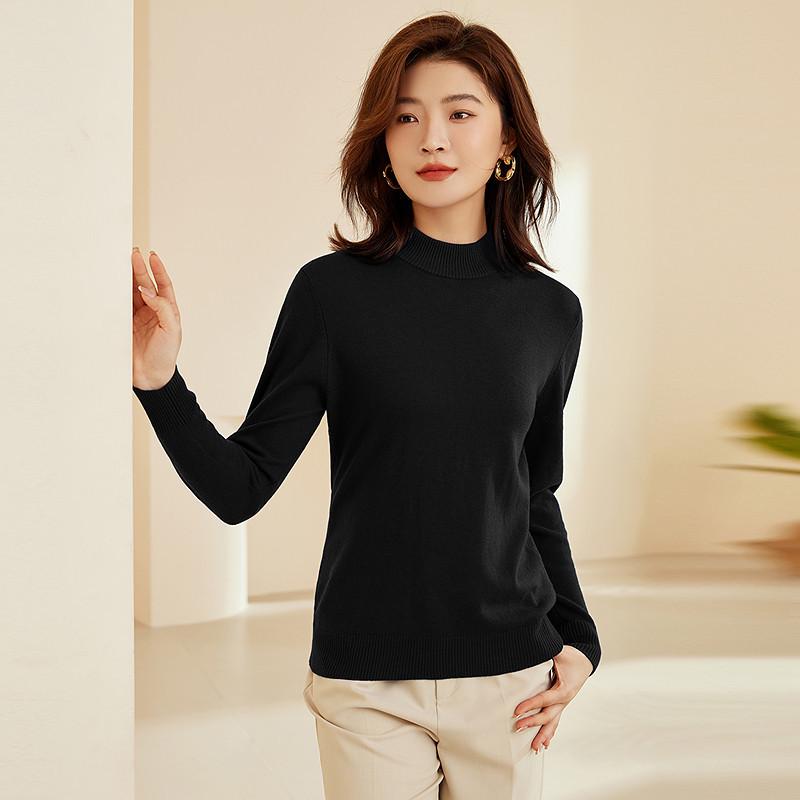 Women's Pure Wool Half-High Neck Knit Sweater - Solid Color, Warm Autumn/Winter Pullover