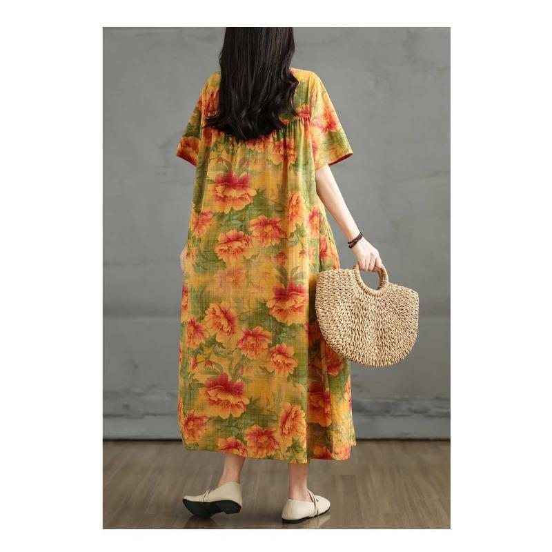 Summer Retro Cotton and Linen Round Neck Short Sleeved Dress, Women's Loose Skirt