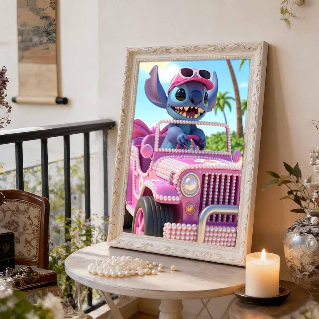 Disney Pearl Painting Stitch Pink ATV Vacation Creative Art 5D Exquisite Landscape Sparkling Craft Home Wall Decoration DIY Handmade Gift