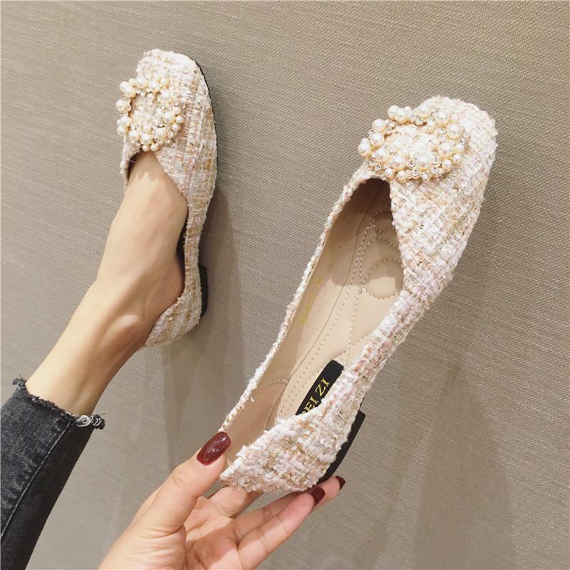 Fashion String Bead Flats Women Round Buckle Ballet Shoes Shallow Moccasins Femme Square Toe Mixed Colors Tweed Fabric Ballerinas Ladies