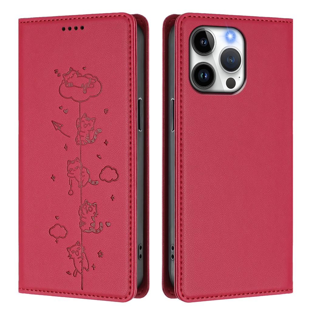 For iPhone 16 Pro Max Case RFID Blocking Wallet Stand Imprinted Cat Pattern Leather Phone Cover