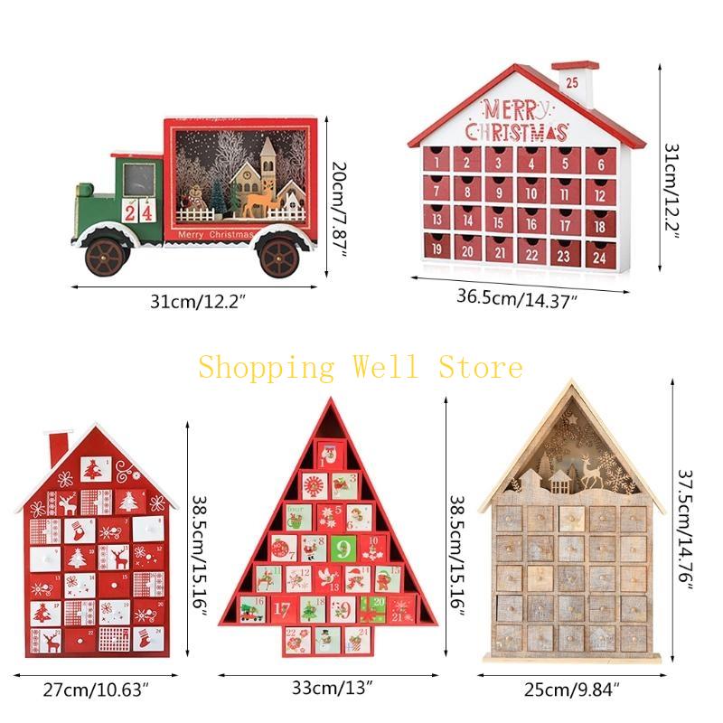 KX4B Christmas Wooden Advent Calendar House with Storage Drawers LED Lighted Countdown Number Ornament Holiday Home Desktop Gift