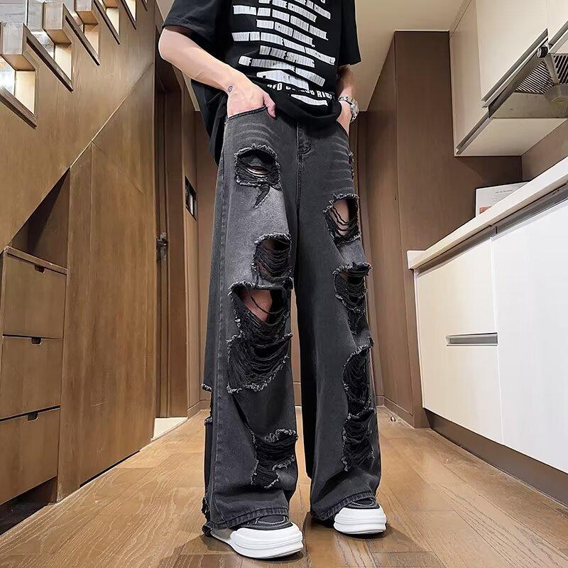 2024 American Retro Black Distressed Wide-Leg Denim Jeans