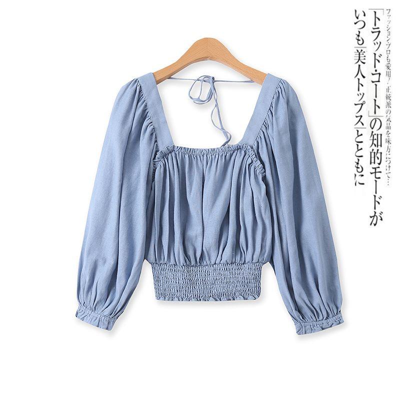 

Women s Clothing Summer and Autumn New Lace up Slim Fit Top Shirt Blue S