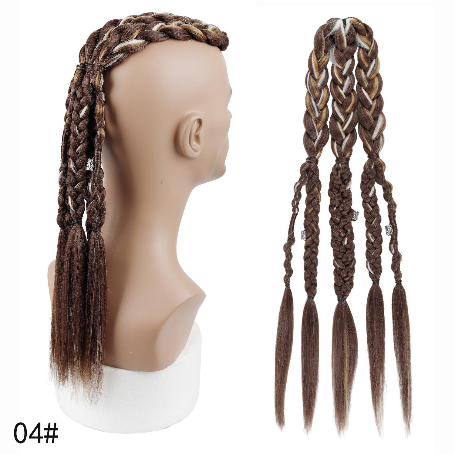 Herren Wikinger Mohawk Cornrow Geflochtene Pferdeschwanz-Perücke, Punk Biker Stil 5 Dicke Zöpfe mit Metallringen Hitzebeständiges Synthetikhaar für Cosplay Täglich beige