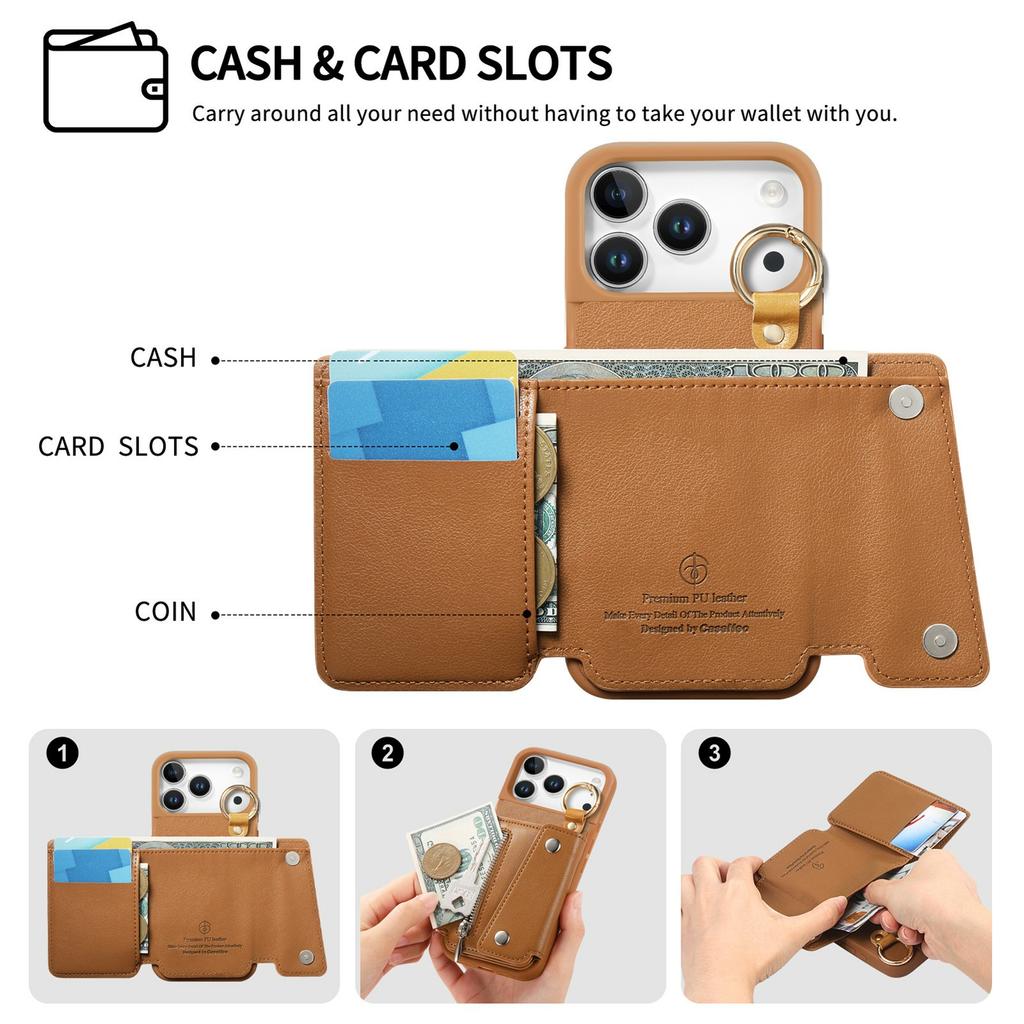 For iPhone 17 Pro Max Case D-Ring Holder Leather + PC + TPU Phone Cover with Wallet Kickstand