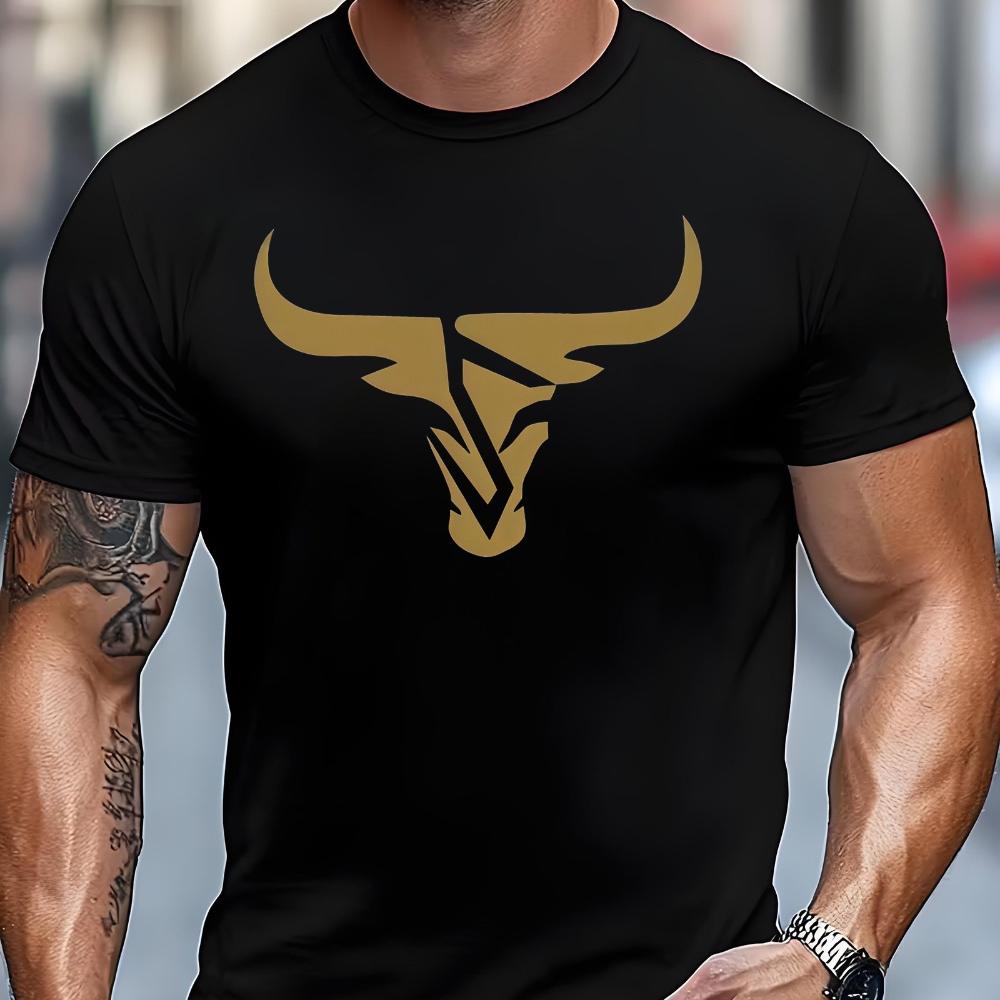 Men'S Heavyweight Bull Head Graphic T-Shirt Black and Golden Bull Print Short-Sleeve Crew Neck