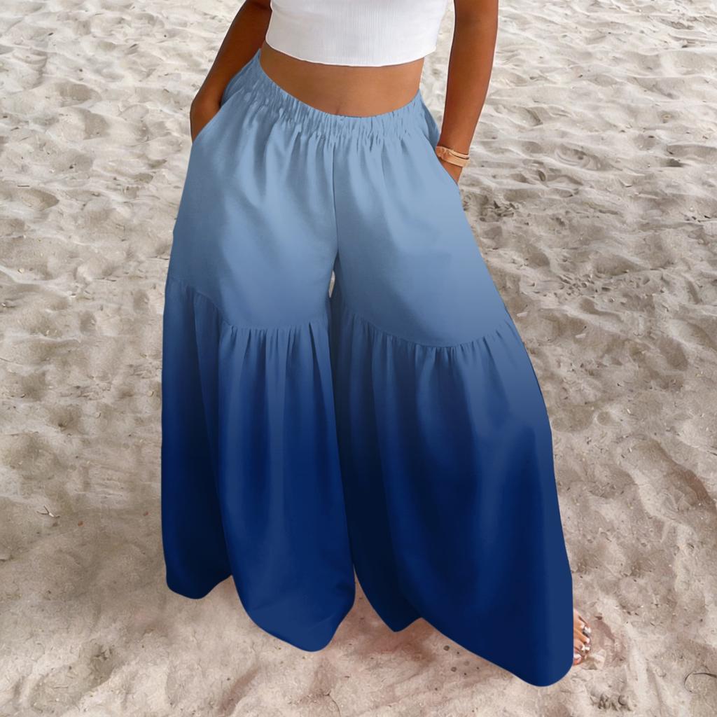 Women's High Waist Wide Leg Pants Loose Fit Lightweight Flowing Gradient Print Casual Trousers Elastic Waistband Comfortable Fit