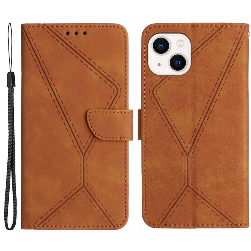 HT05 Leather Cover for iPhone 15 Skin-touch Flip Stand Wallet Imprinted Line Phone Case