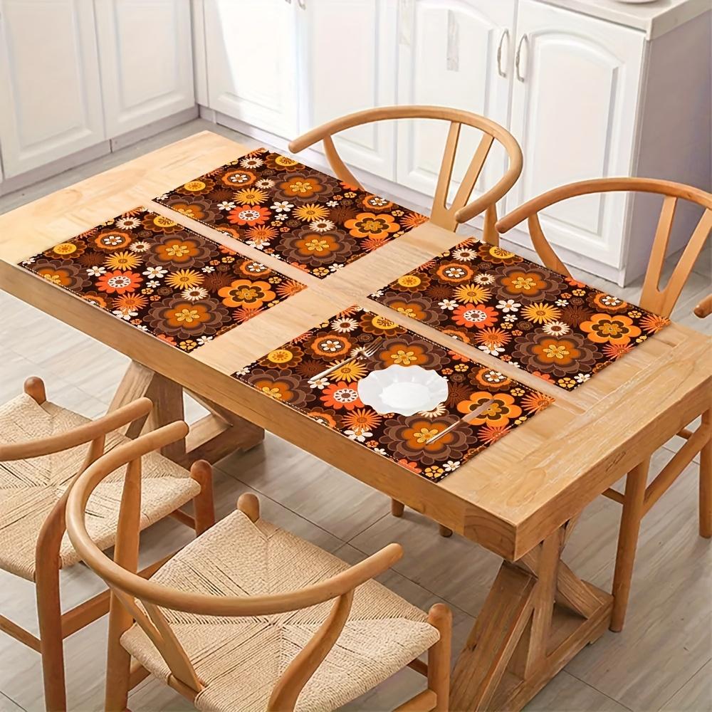 4pcs Vintage Floral Linen Placemats - 12x18 Inch, Vibrant Orange, Yellow & Brown Flower Design, Perfect for Dining & Coffee Tables, Home Decor,