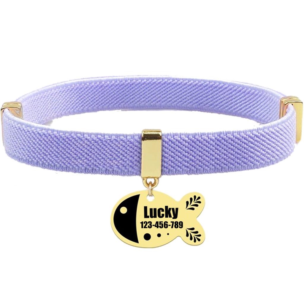 Personalized Free Customized Cat Collar Cute Fish Metal Necklace Pet ID Name Tag GPS Tracker Kitten Dog Breakaway Elastic Collar