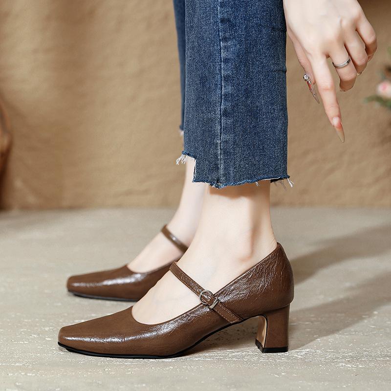 Mary Jane High Heels Thick Heel New Large Size Women's Shoes Black Temperament Square Head Light Mouth Single Shoes