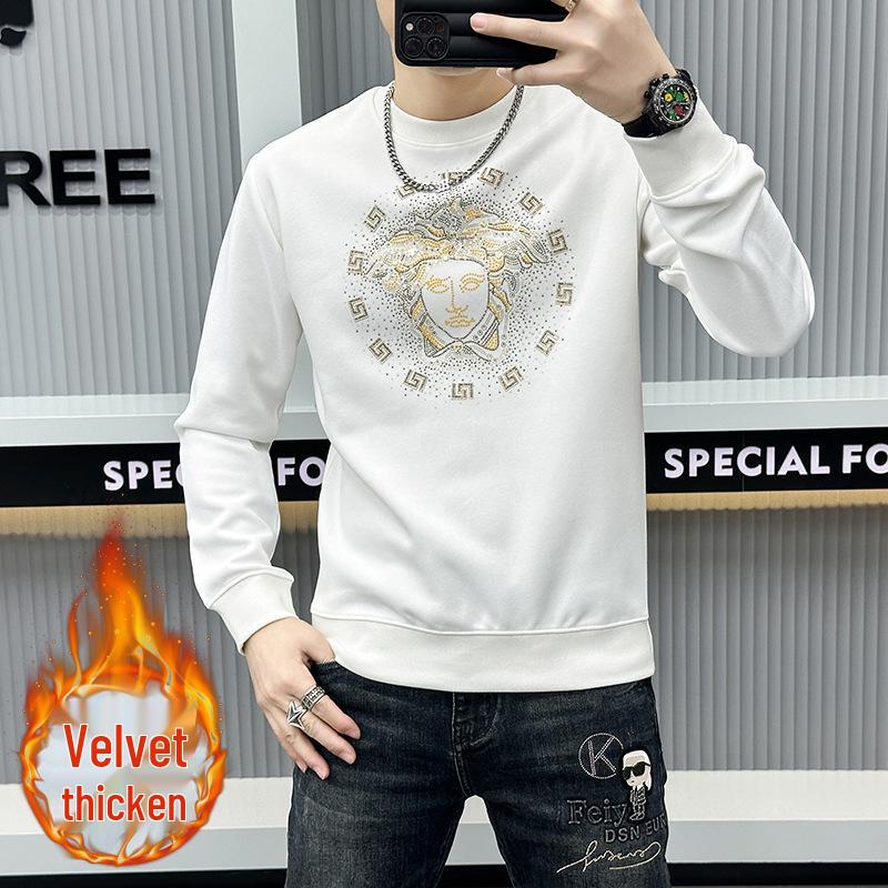 Men's European Luxury Round Neck Fleece-Lined Sweatshirt – Trendy, Thickened Outerwear with Hot Drill Design