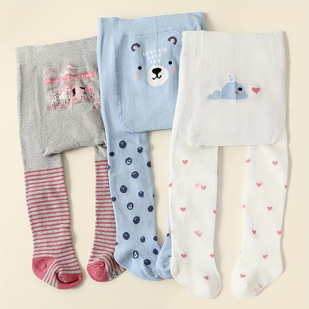 3-Pack Toddler Girls' Knitted Tights with Cute Animal Prints, Spring/Fall Cotton Blend Pants, Soft Warmth