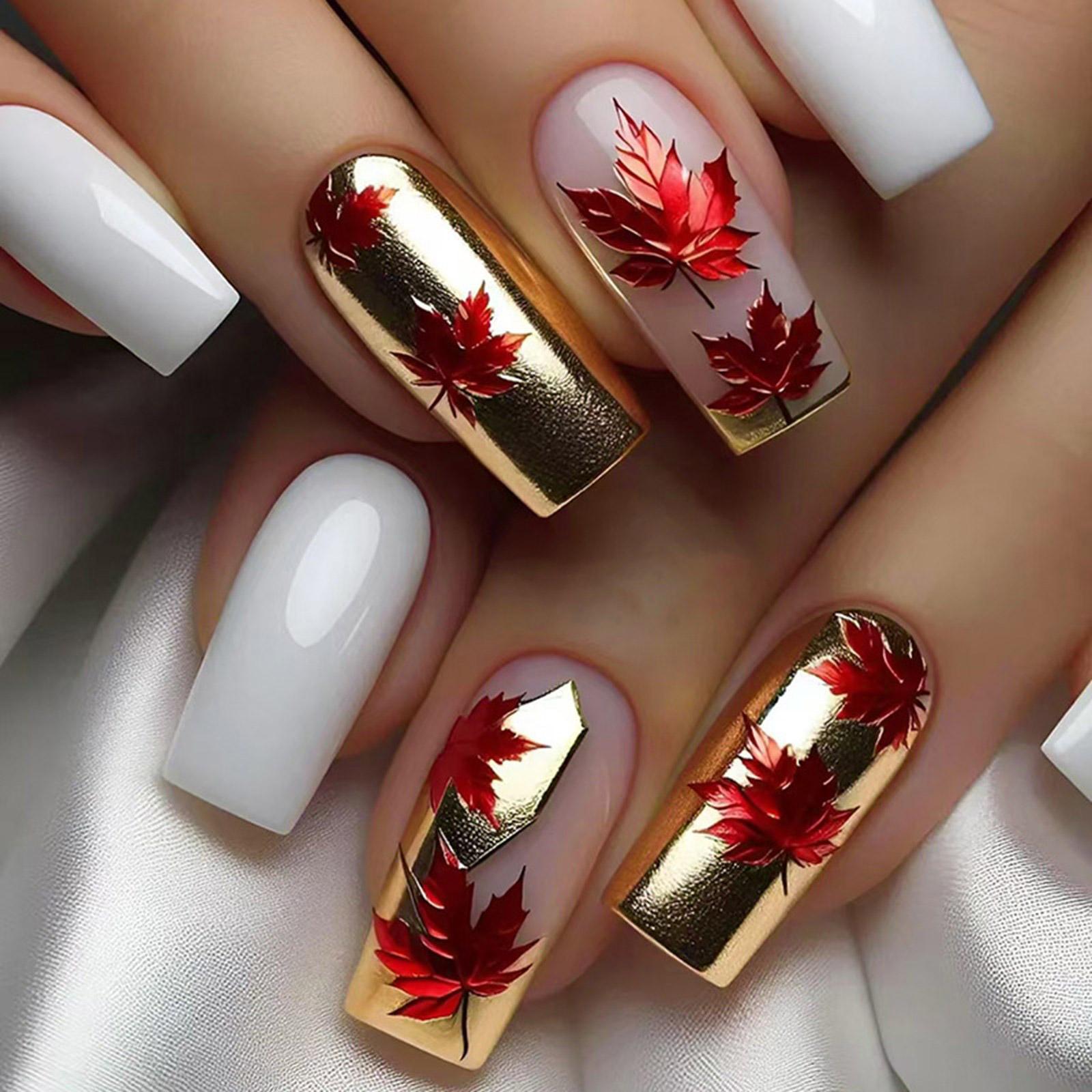 

24 шт. накладные ногти в форме кленового листа осень-зима акриловые ногти средние квадратные накладные ногти с полным покрытием