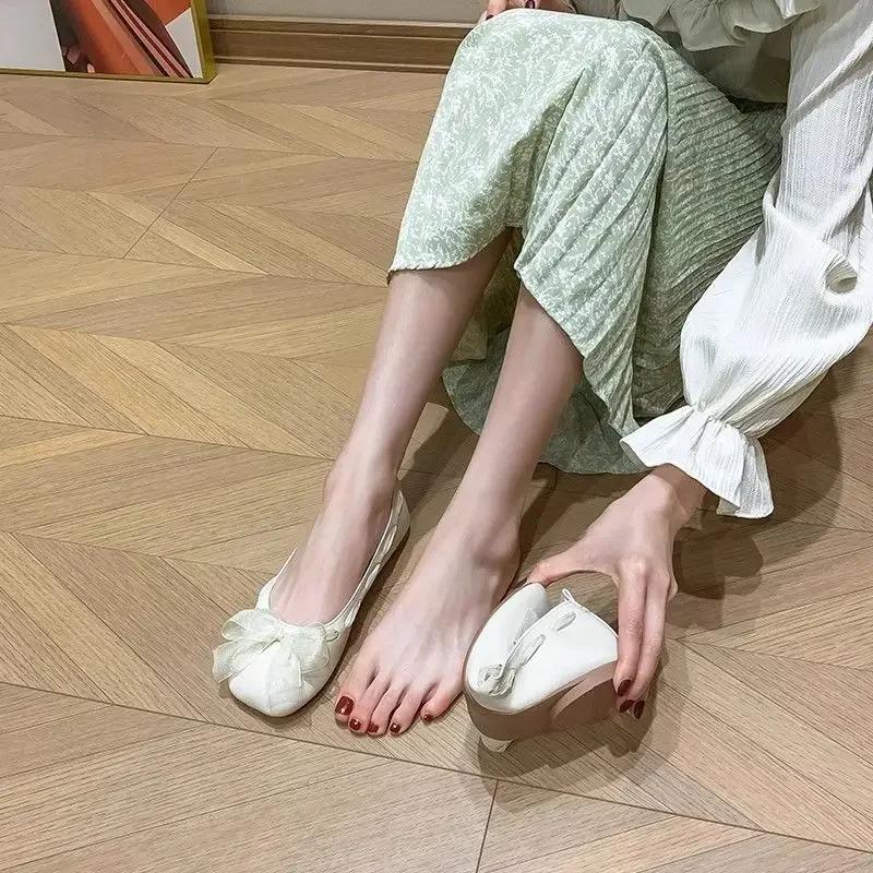 Fashion Mary Jane Women's Flat Shoes with Bow Square Toe Ladies Footwear Japanese Style Lolita Gothic Wholesale Popular on Sale Slip