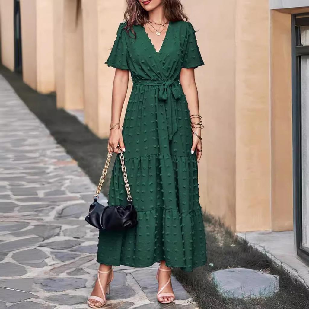 New Boho Swiss Dot Maxi Dress for Women, V Neck Flowy Short Sleeve Tie Waist A Line Long Dress
