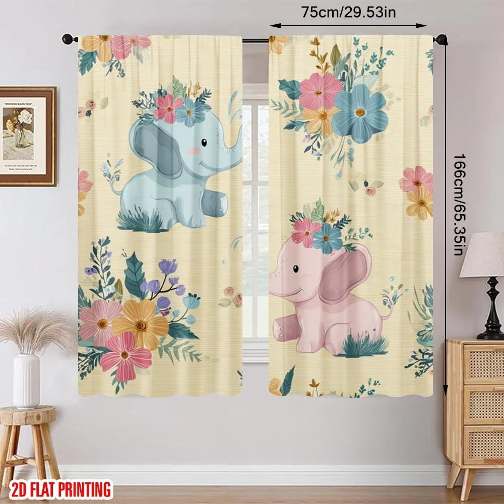 2pcs Blooming Floral Elephant Curtains   Room Darkening    Nursery Decor   Rod Pocket Curtains
