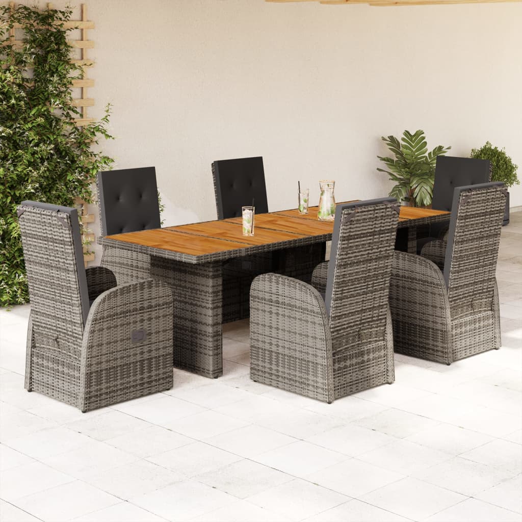 7 Piece Garden Dining Set with Cushions Gray Poly Rattan