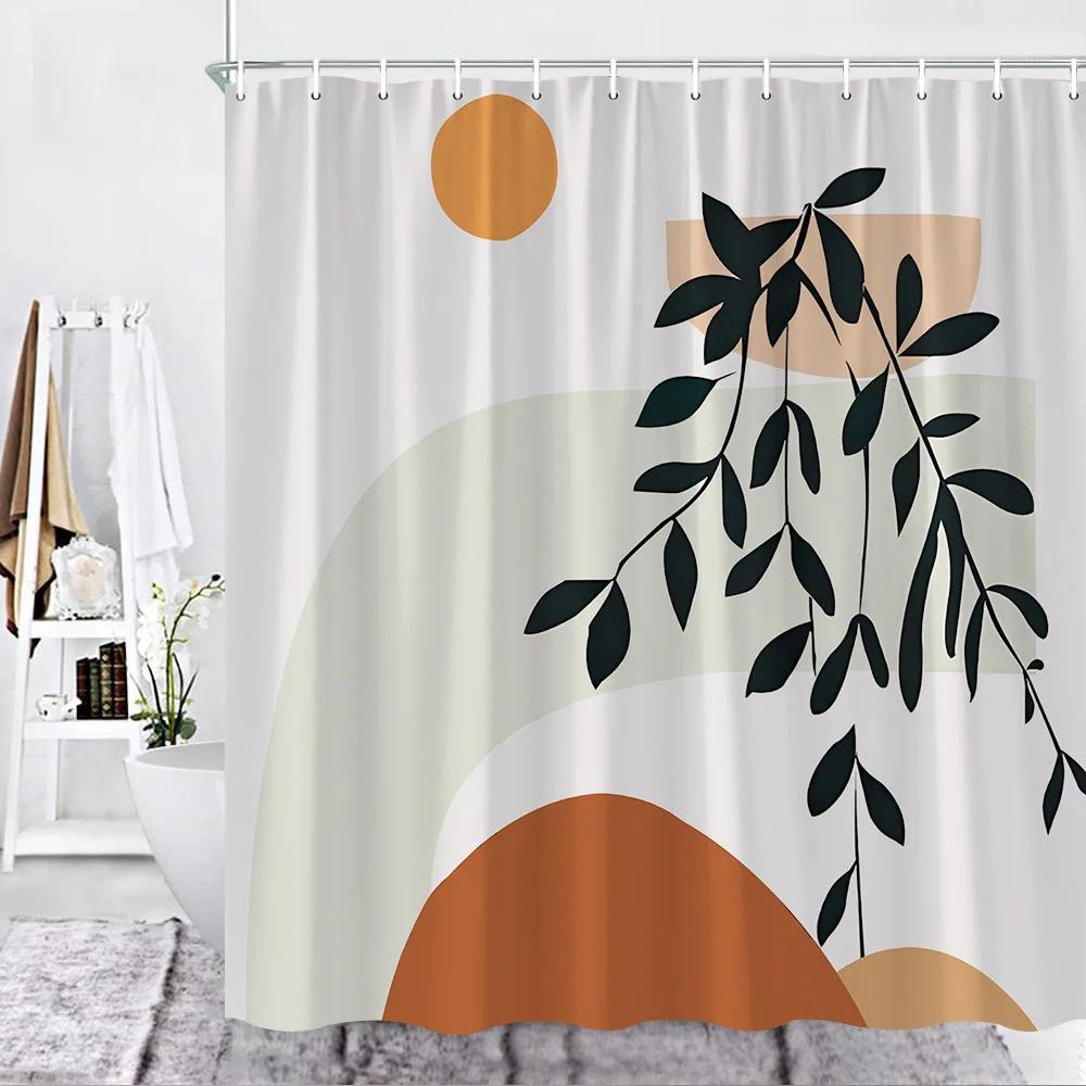 Color Geometric Shower Curtain Set Mid Century Modern Retro Drop Shapes Abstract Art Bathroom Polyester Fabric Curtains Hooks