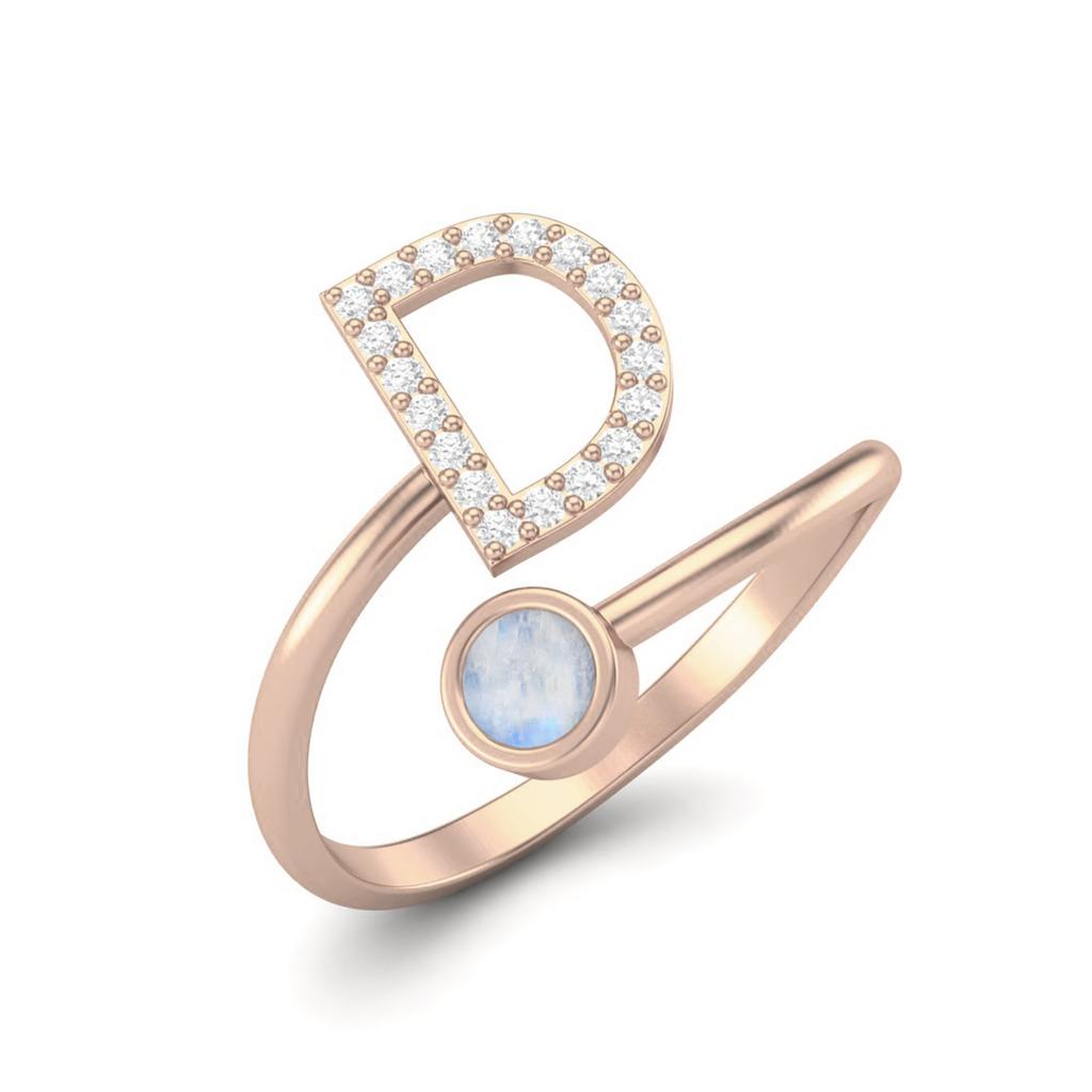 Capital D Initial Letter Moonstone Women Adjustable Front Open Ring 925 Sterling Silver Rose Vermeil