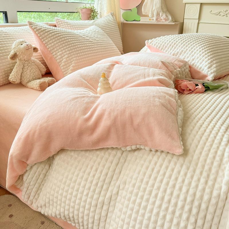 Thickened Milk Fleece Four-Piece Coral Fleece Quilt Cover Cut Flower Fleece Bed Sheet Mattress Bedding Three